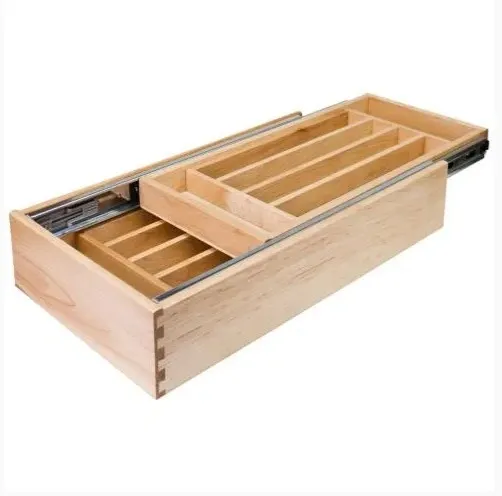 Double cutlery drawer with wooden dovetail construction, sliding upper cutlery insert and lower storage compartment