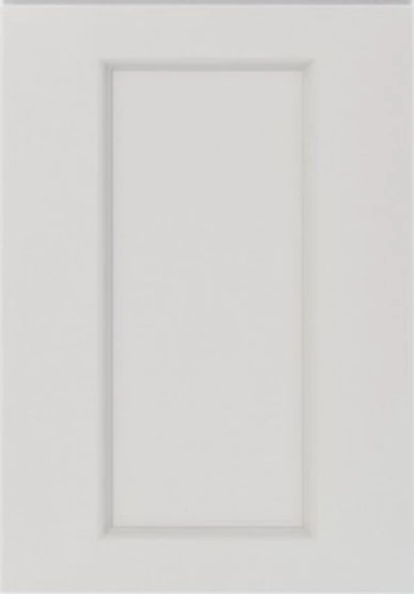 Double shaker dove white cabinet door with layered recessed panel detail and a soft painted finish