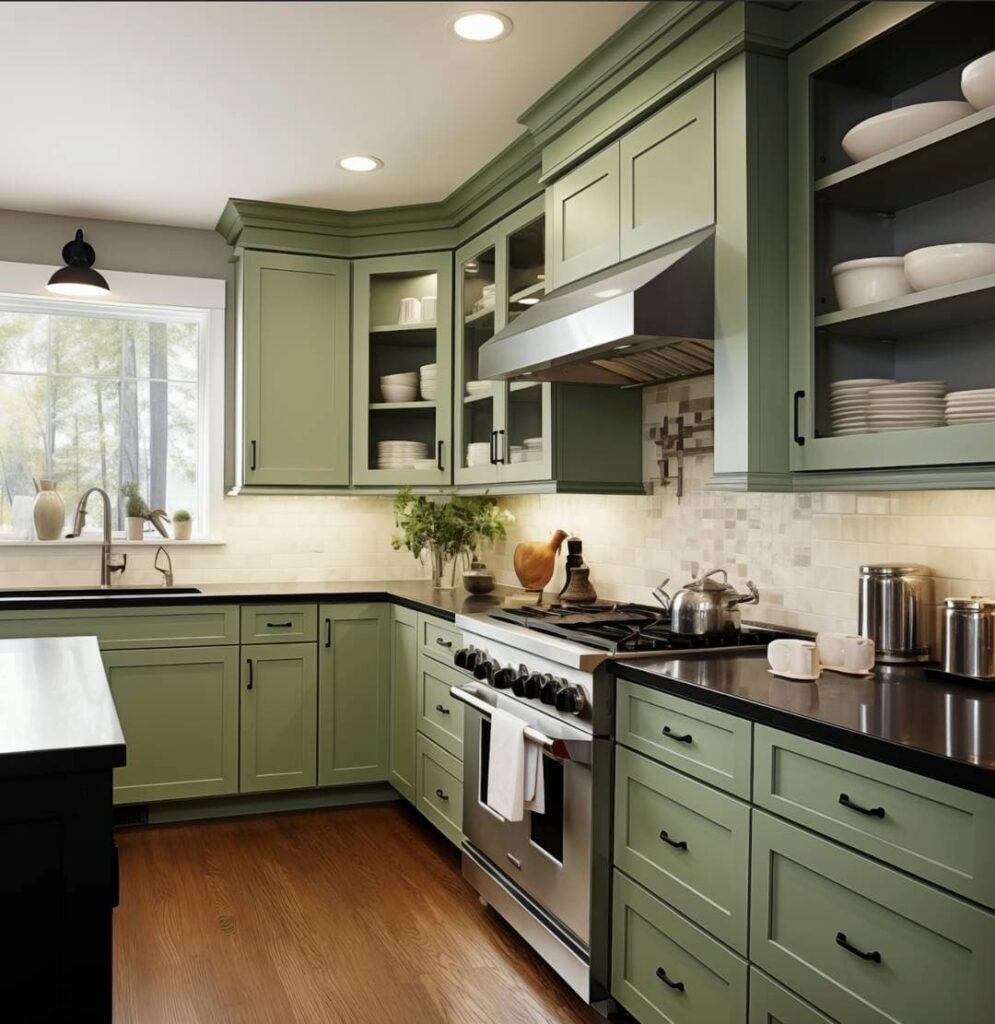 Jade shaker kitchen cabinets with black countertops and stainless steel range in Chicago home