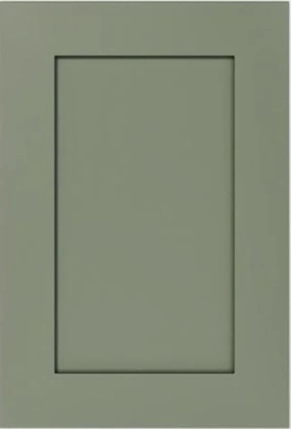 Shaker sage green cabinet door with a recessed center panel and soft painted finish