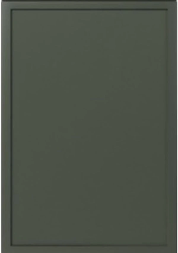 Slim shaker green cabinet door with a narrow recessed panel and rich painted finish