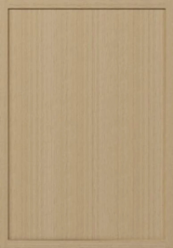 Slim shaker white oak cabinet door with a narrow recessed panel and natural wood grain finish