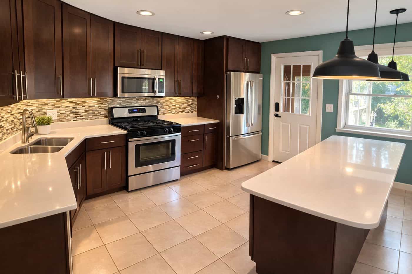 Dark shaker kitchen cabinets installed in a Skokie home