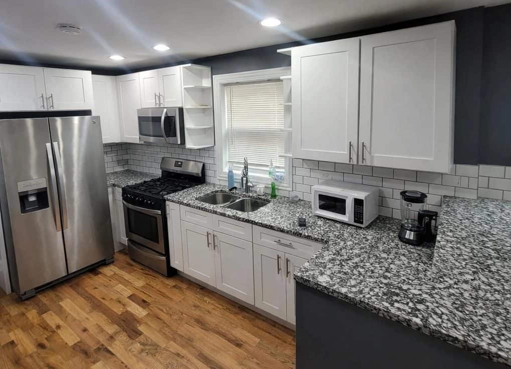 White shaker kitchen cabinets installed in a Belmont Cragin, Chicago project