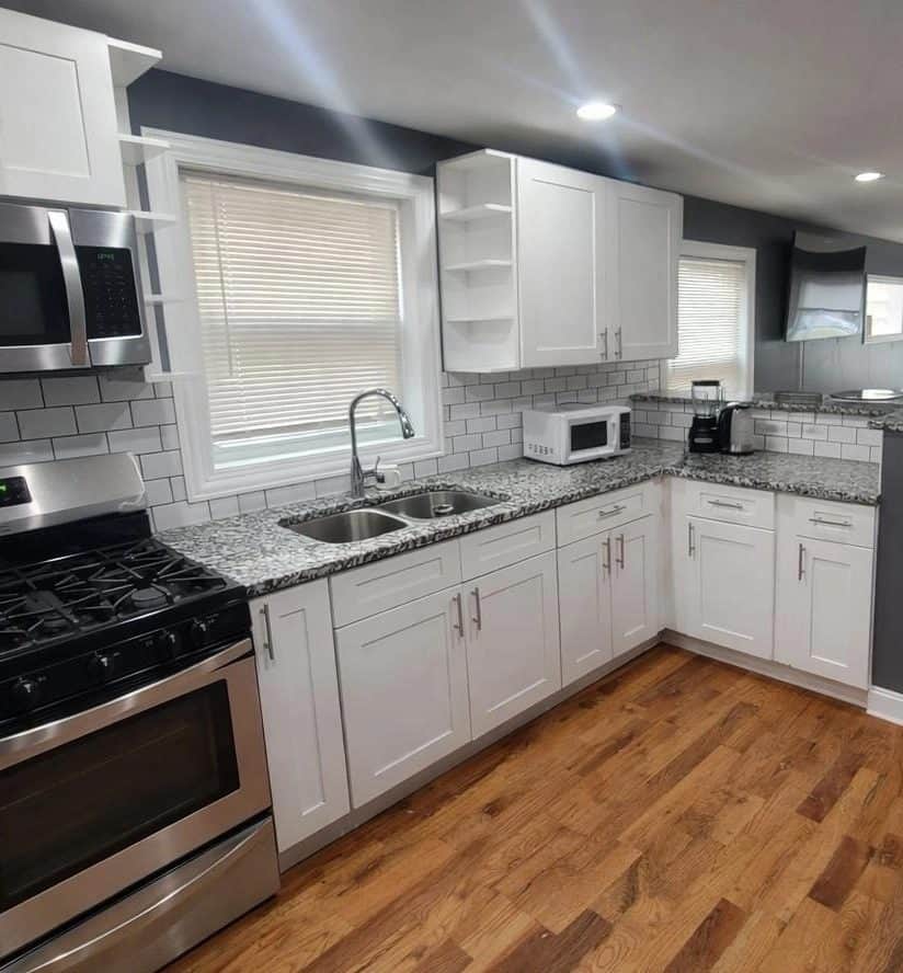 White shaker kitchen cabinets installed in a Belmont Cragin, Chicago project