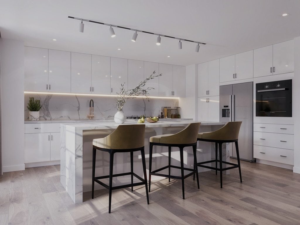 Modern frameless high-gloss white kitchen with island in Chicago